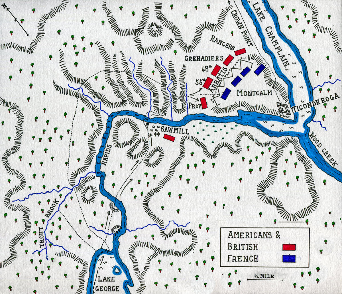 Map of the Battle of Ticonderoga on 8th July 1758 in the French and Indian War: map by John Fawkes