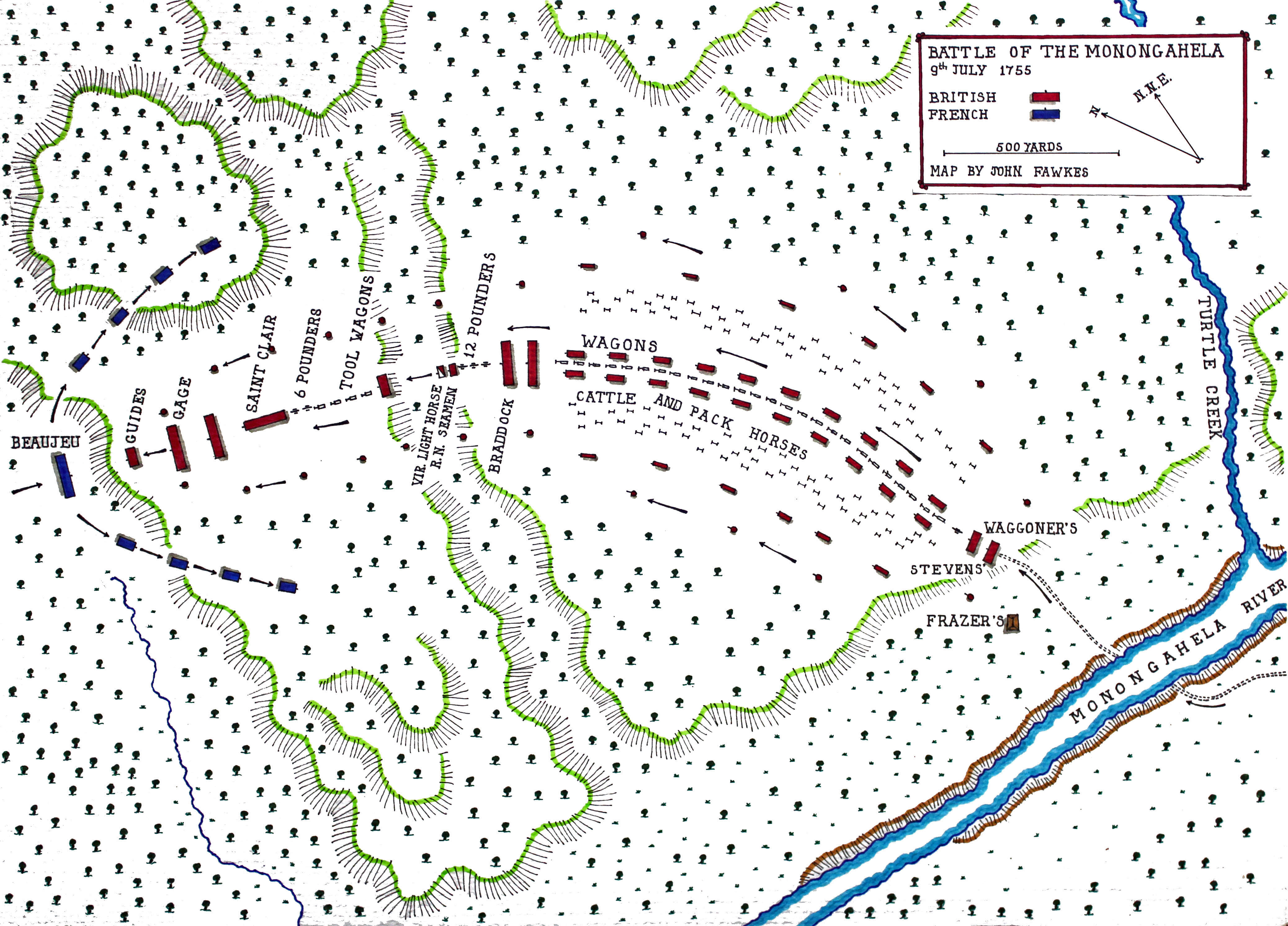 Map of General Braddock's defeat at the Battle of the Monongahela on 9th July 1755: by John Fawkes