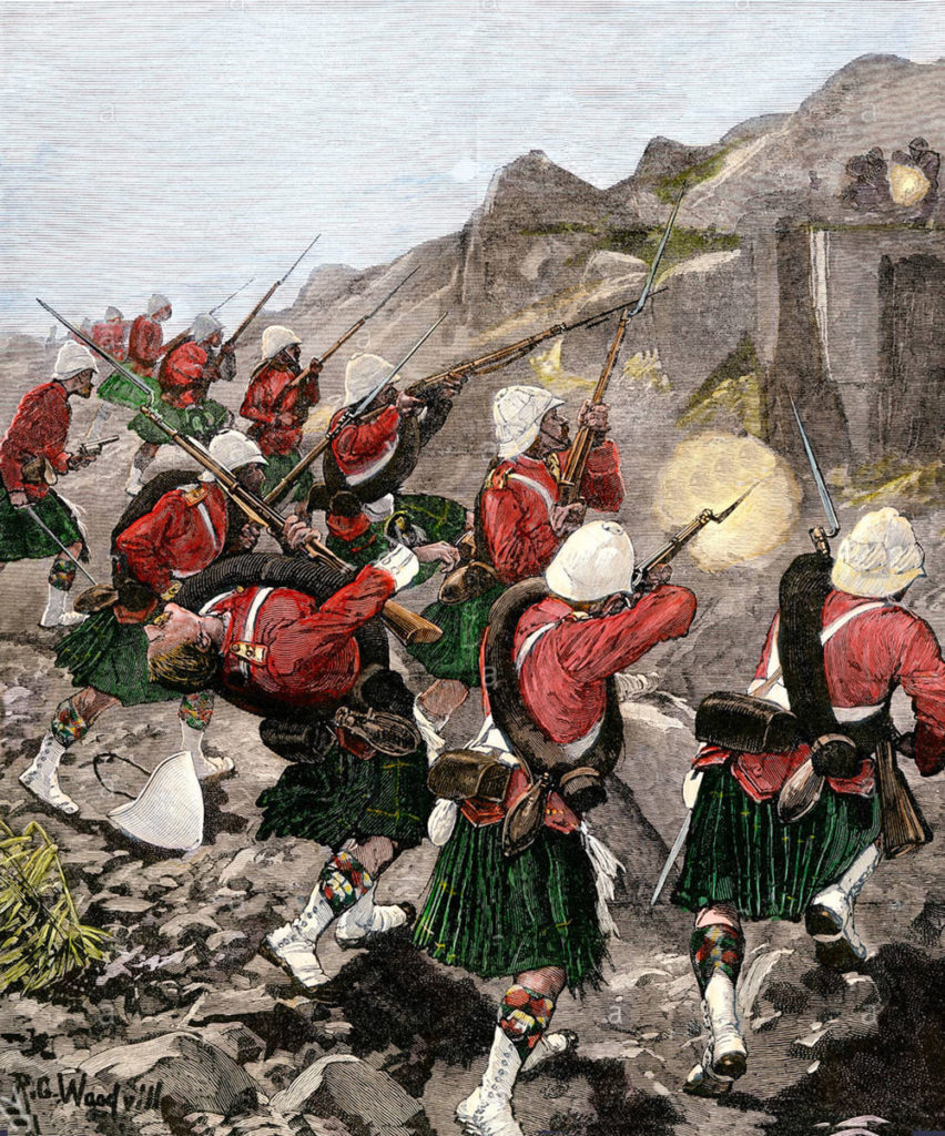 92nd Highlanders scale the hillside at the Battle of Majuba Hill on 27th February 1881 in the First Boer War: picture by Richard Caton Woodville