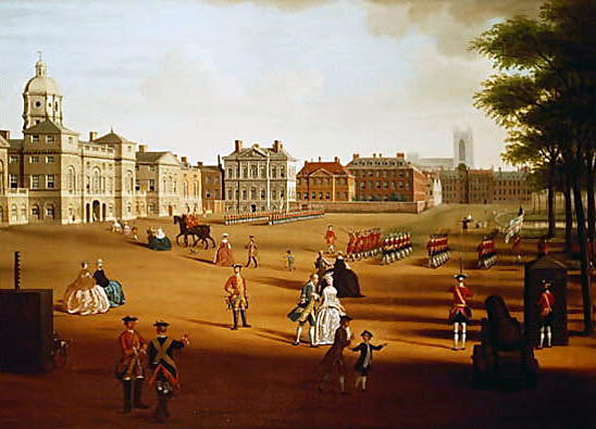 Coldstream Guards marching across Horse Guards Parade in 1750: picture by John Chapman: Death of General Edward Braddock on the Monongahela River on 9th July 1755 in the French and Indian War