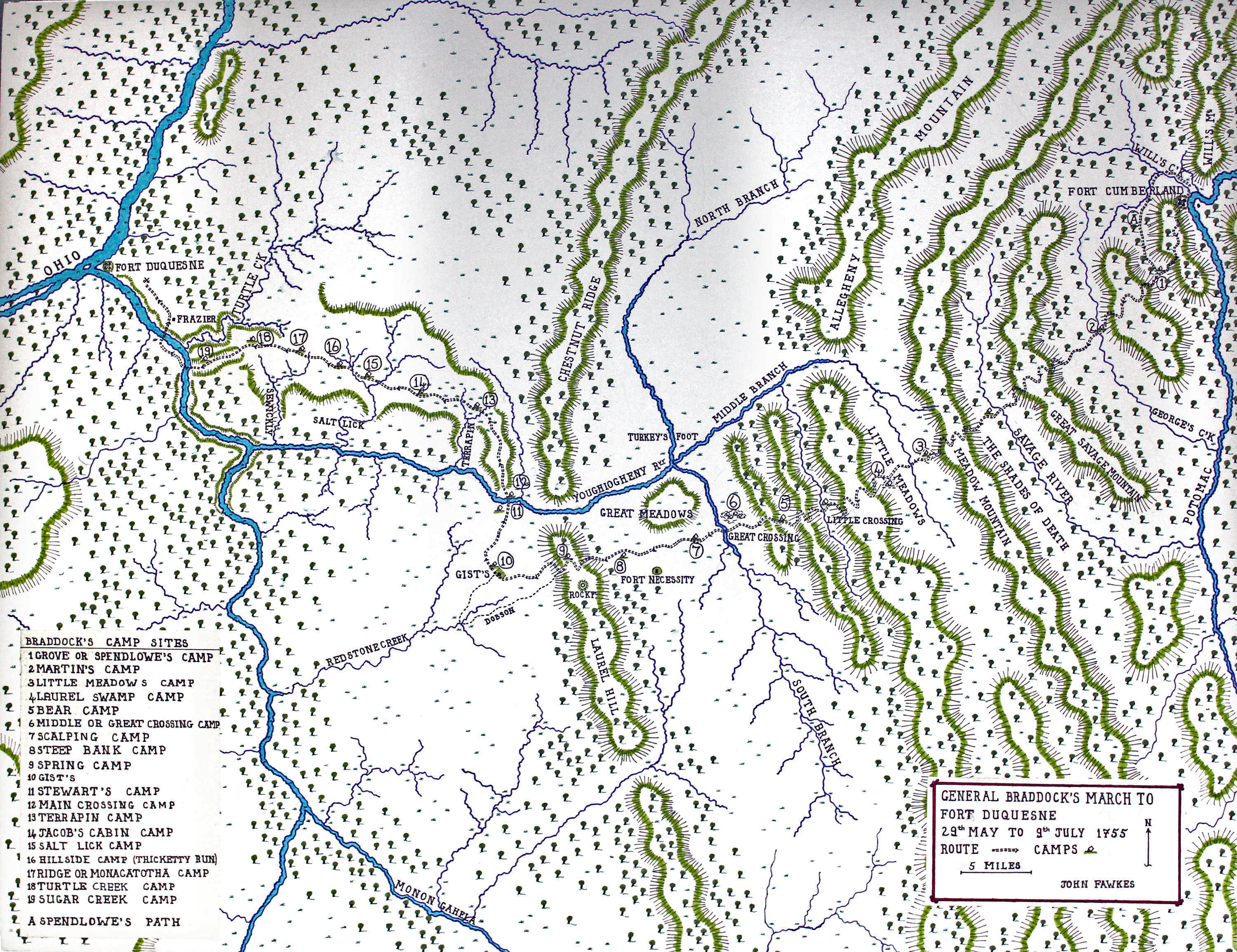 Map of General Braddock’s march from Fort Cumberland to Fort Duquesne on the Monongahela River, May to July 1755, showing A Spendlow’s Path and camps at 1 Grove 2 Martin’s 3 Little Meadows 4 Laurel 5 Bear 6 Great Crossing 7 Scalping 8 Steep Bank 9 Spring 10 Gist’s 11 Stewart’s 12 Main Crossing 13 Terrapin 14 Jacob’s 15 Salt Lick 16 Hillside 17 Ride 18 Turtle 19 Sugar: Map by John Fawkes