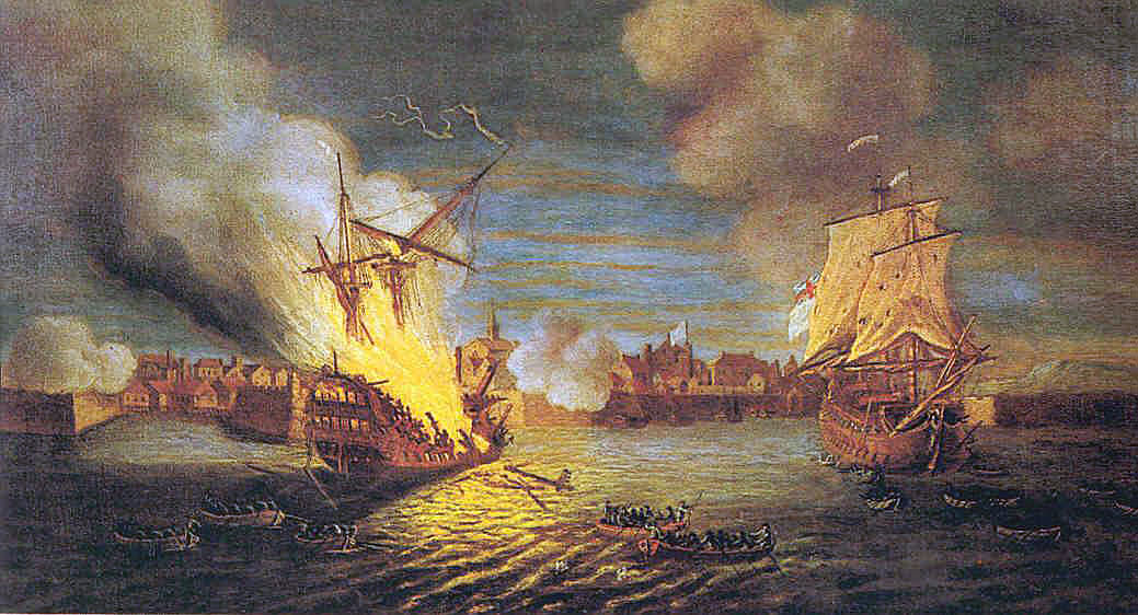 British fire ships at the Siege of Louisburg July 1758 in the French and Indian War: picture by Dominic Serres