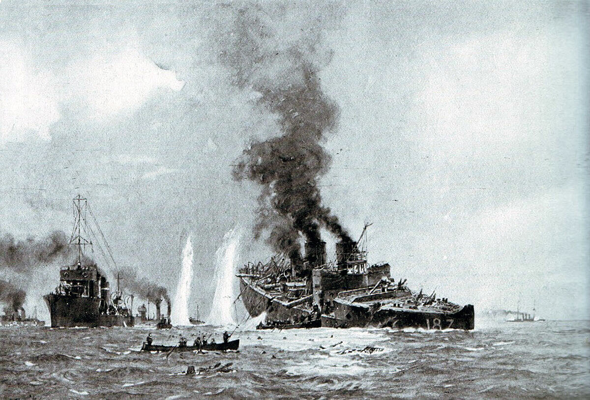 German destroyer V187 sinking during the Battle of Heligoland Bight on 28th August 1914 in the First World War