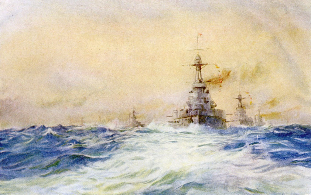 British Battleships led by HMS Iron Duke Flagship of the Grand Fleet at Battle of Jutland 31st May 1916: picture by Lionel Wyllie