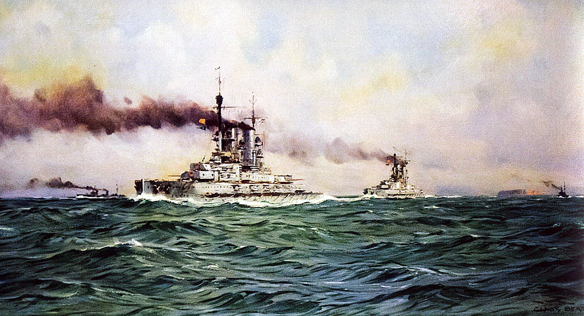 German High Seas Fleet passing Heligoland on 30th May 1916 as it steamed into the North Sea to ambush Admiral Beatty’s battle cruisers leading to the Battle of Jutland: picture by Claus Bergen