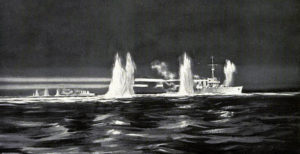 British 2nd Light Cruiser Squadron in action against the German High Seas Fleet during the night action Battle of Jutland 1916