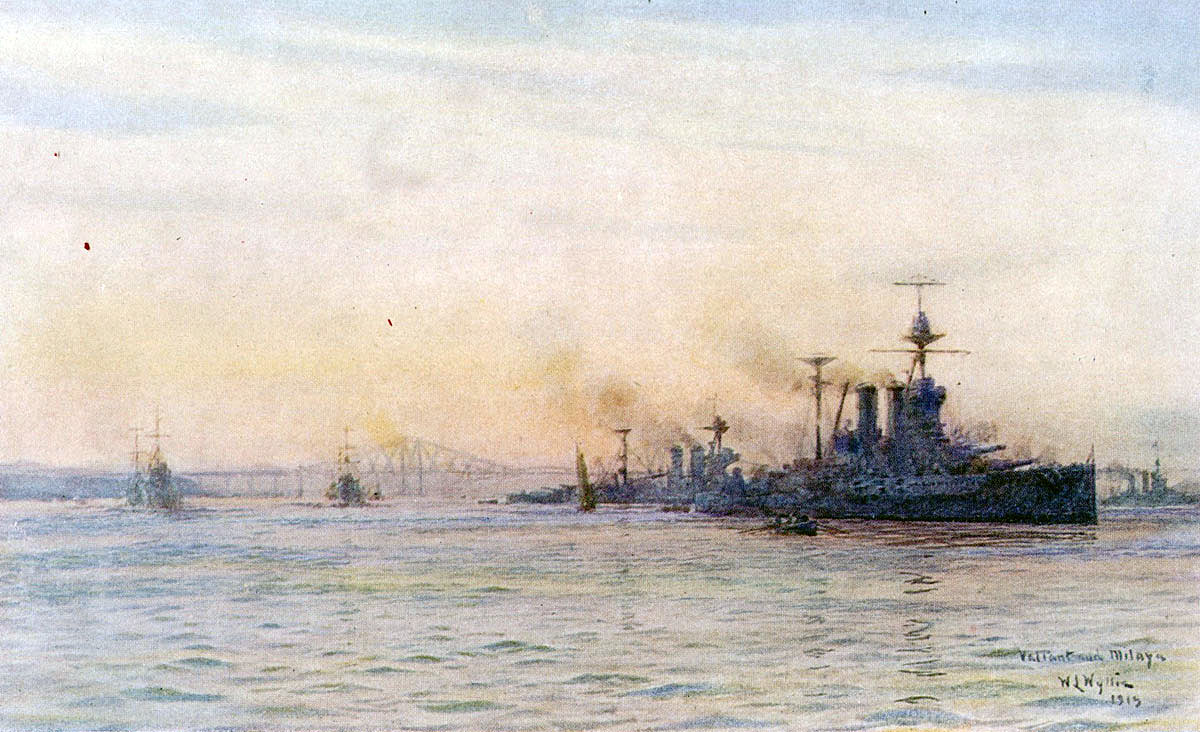 British Battleships HMS Valiant and HMS Malaya in the Firth of Forth. Both ships fought at the Battle of Jutland on 31st May 1916 in Rear-Admiral Evan-Thomas’s 5th Battle Squadron: picture by Lionel Wyllie