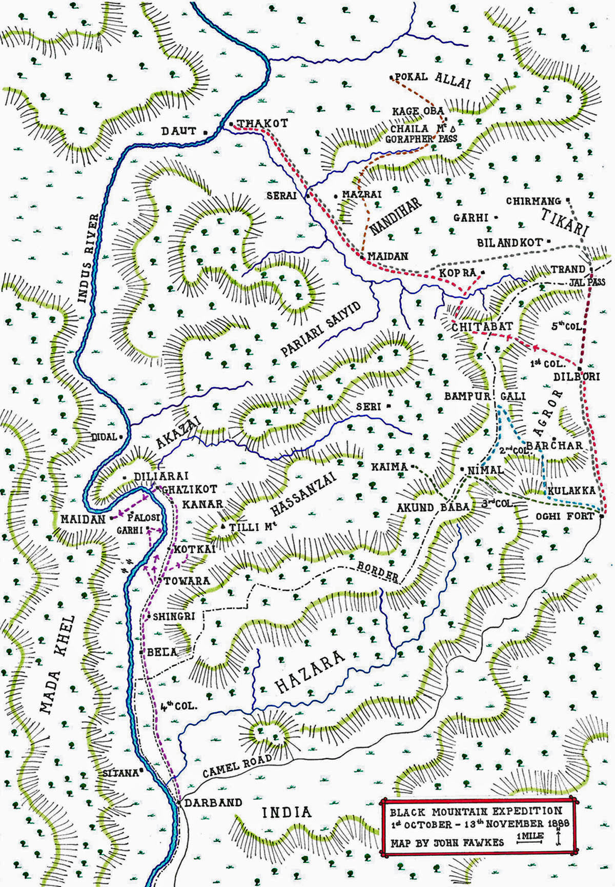 Map of the Black Mountain Expedition from 1st October 1888 to 13th November 1888 on the North-West Frontier of India: map by John Fawkes