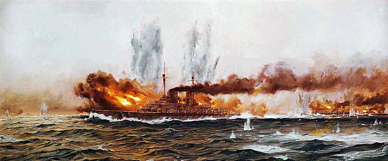 German Battle Cruiser SMS Lützow opens fire in the opening minutes of the Battle of Jutland on 31st May 1916