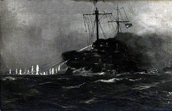 German Battleship SMS Westfalen firing on British Destroyers during the night action of the Battle of Jutland 31st May 1916