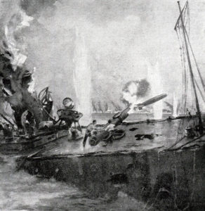 British Destroyer HMS Shark fighting to the last before sinking in the Battle of Jutland on 31st May 1916. Shark’s captain Commander Loftus Jones was awarded a posthumous Victoria Cross