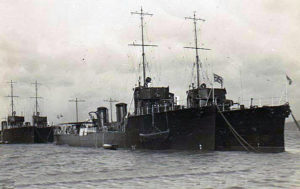 British Destroyers in Harbour, HMS Fortune with Ambuscade at the front. Both ships fought at the Battle of Jutland on 31st May 1916