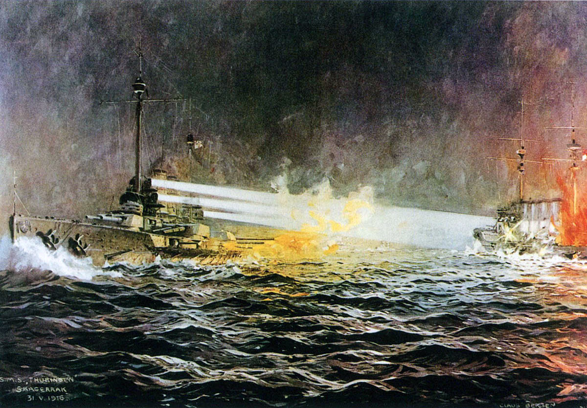 German Battleship SMS Thuringen attacks HMS Black Prince during the night of 31st May 1916 setting her on fire and sinking her: picture by Claus Bergen