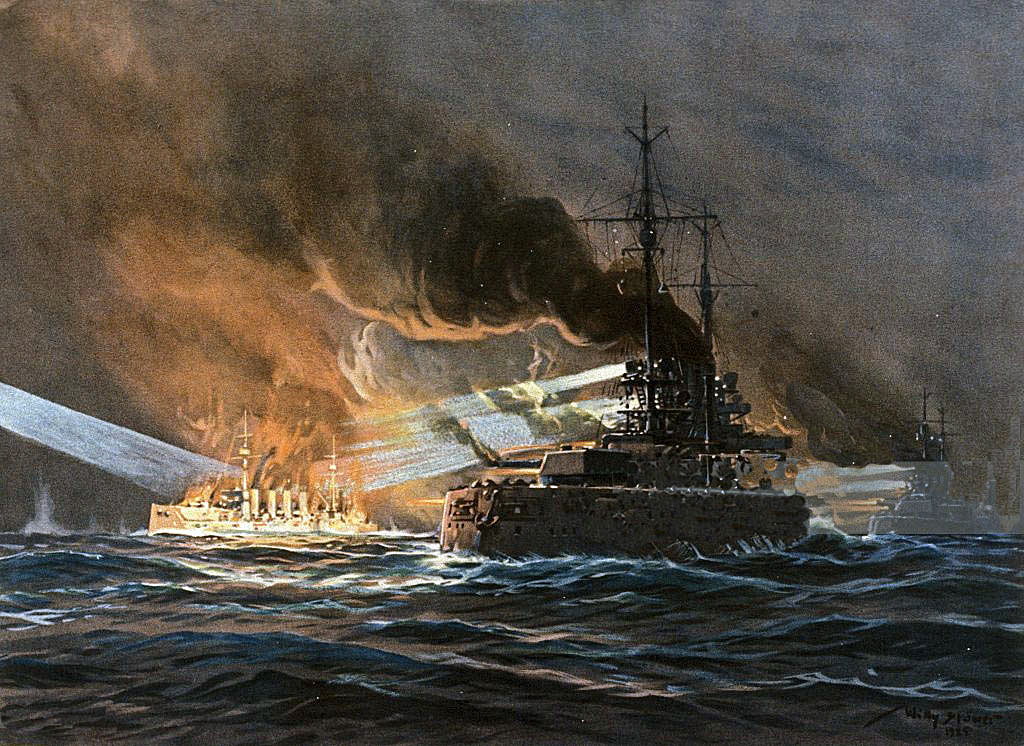 Destruction of the British Armoured Cruiser HMS Black Prince during the night of 31st May 1916 at the Battle of Jutland: picture by Willy Stoewer