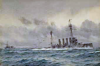 British Cruiser HMS Defence sinks at the Battle of Jutland 31st May 1916: picture by Alma Burlton