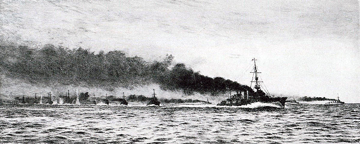 British Light Cruiser HMS Champion and 13th Destroyer Flotilla ahead of the Battle Cruisers at the beginning of the Battle of Jutland 31st May 1916: picture by Lionel Wyllie