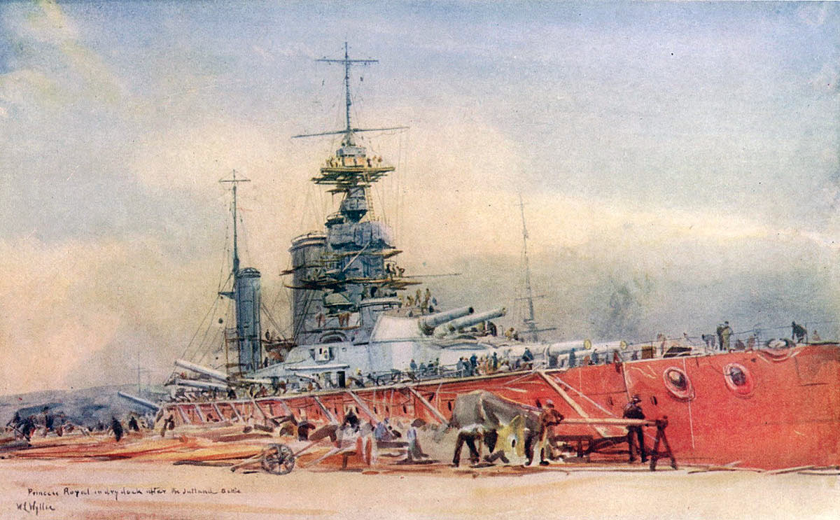 British Battle Cruiser HMS Princess Royal in dry dock after the Battle of Jutland 31st May 1916: picture by Lionel Wyllie