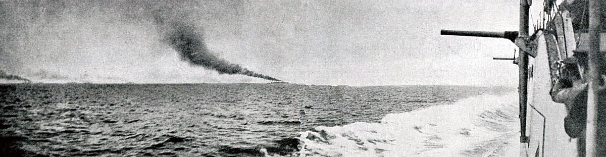 First of a sequence of photographs of the opening stages of the Battle Cruiser action at the Battle of Jutland 31st May 1916 taken by Paymaster Lieutenant Duckworth from HMS Birmingham at 3.28pm. HMS Birmingham is shown on the right, HMS Nottingham in the left centre and the British Battle Cruisers on the left horizon