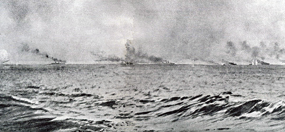 Third of a sequence of photographs of the opening stages of the Battle Cruiser action at the Battle of Jutland 31st May 1916 taken by Paymaster Lieutenant Duckworth from HMS Birmingham. The vertical white clouds are spouts of water put up by exploding heavy calibre shells