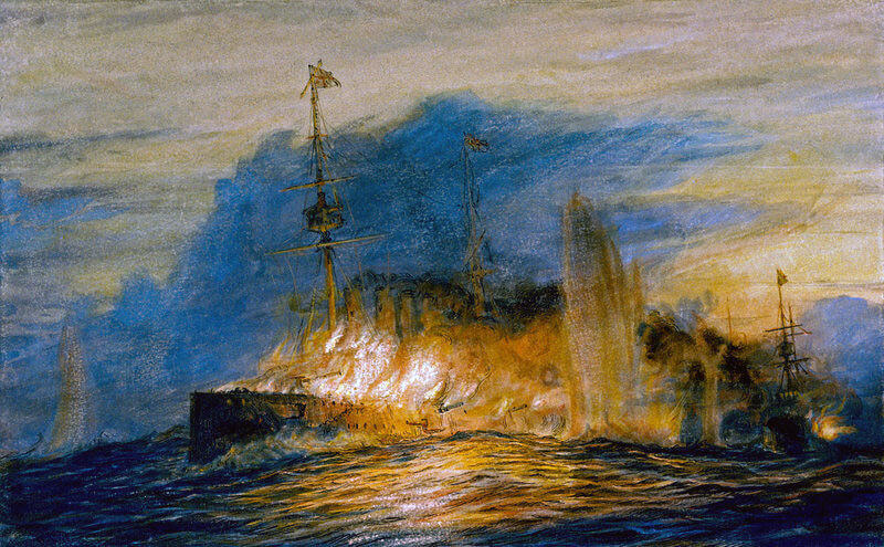 HMS Good Hope on fire towards the end of the Battle of Coronel, 1st November 1914 in the First World: picture by Lionel Wyllie