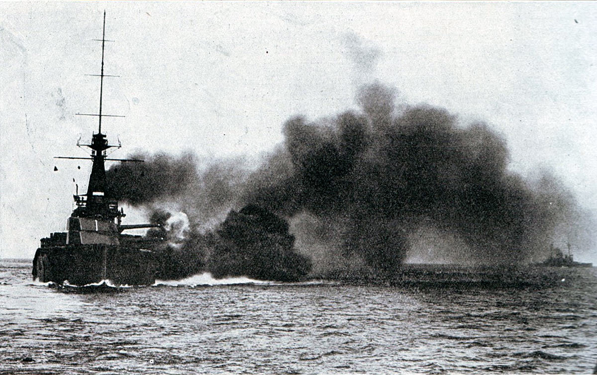British Battleship HMS Monarch in action at the Battle of Jutland on 31st May 1916