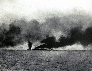 Second of a series of photographs taken from a British destroyer at the Battle of Jutland on 31st May 1916 showing salvos of German shells landing short of HMS Lion