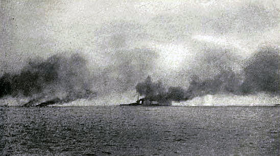 Admiral Beatty’s flagship HMS Lion struck on Q Turret during the Battle of Jutland on 31st May 1916: contemporary photograph taken from a British destroyer