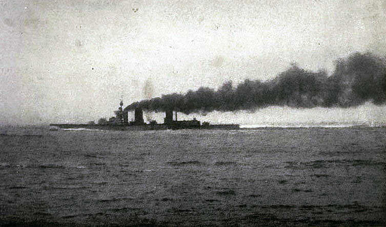 Flames shooting out of HMS Lion’s Q Turret after being hit by German shells: contemporary photograph taken from a British destroyer