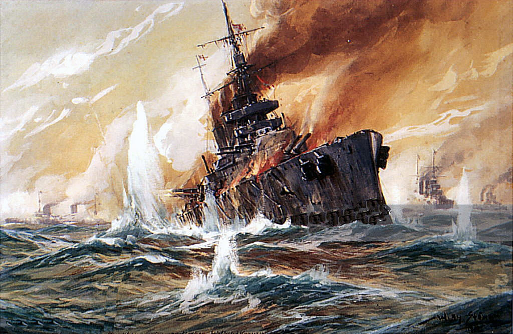Loss of HMS Indefatigable at the Battle of Jutland on 31st May 1916: picture by Willy Stoewer