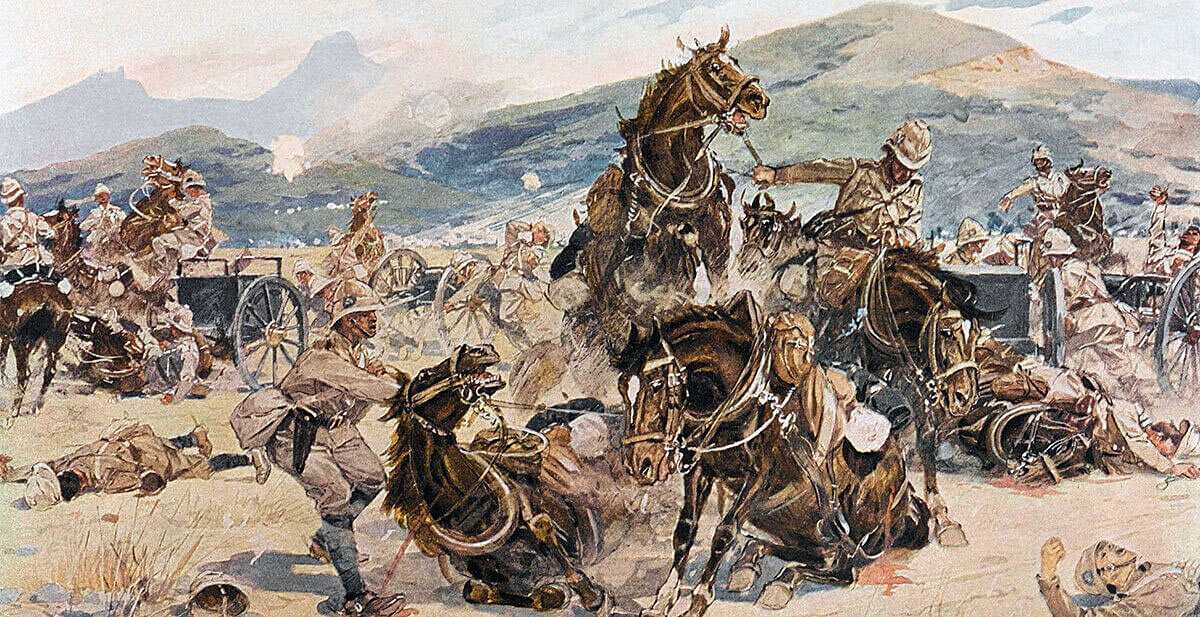 Guns of 14th and 66th Batteries Royal Field Artillery come under fire at the Battle of Colenso on 15th December 1899: picture by Gerlach