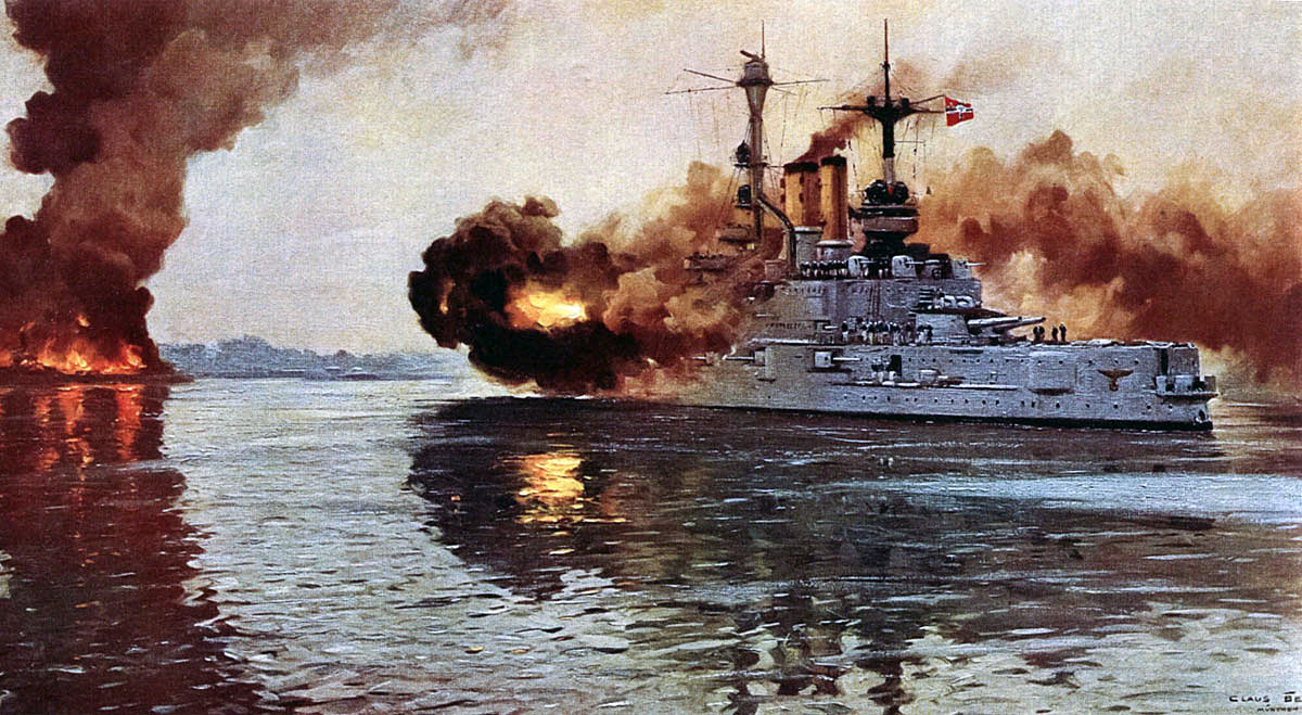 German Battleship SMS Schleswig-Holstein firing the opening shots of the Second World War in 1939 at Danzig. Schleswig-Holstein fought at the Battle of Jutland 31st May 1916: picture by Claus Bergen