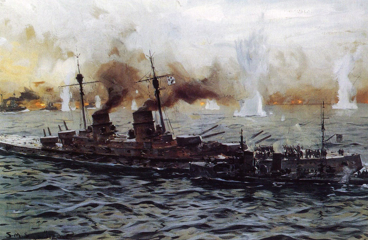 Admiral Hipper leaves his stricken flagship SMS Lützow by destroyer for SMS Moltke. Lützow later sank. Battle of Jutland 31st May 1916: picture by Claus Bergen