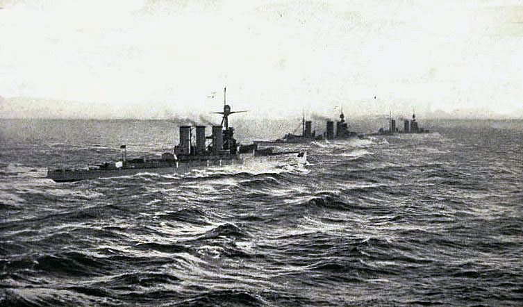 British Battle Cruisers HMS Tiger Princess Royal and Lion 1916: contemporary photograph taken from the next battle cruiser in line possibly Queen Mary