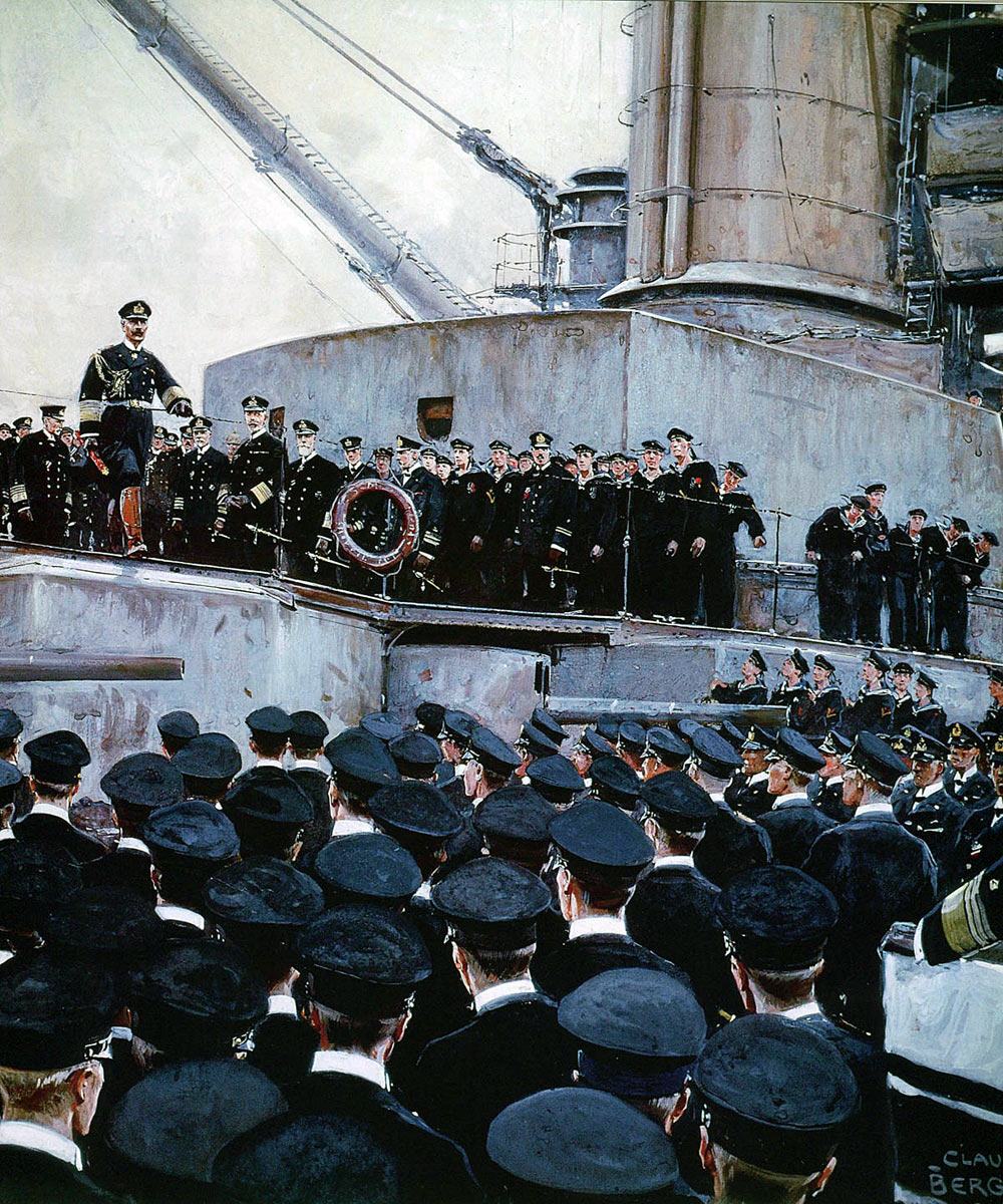 Kaiser Wilhelm II addressing officers of his High Seas Fleet after the Battle of Jutland: picture by Claus Bergen
