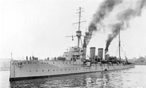 British Light Cruiser HMS Gloucester. Gloucester fought at the Battle of Jutland 31st May 1916 in Admiral Napier’s 3rd Light Cruiser Squadron