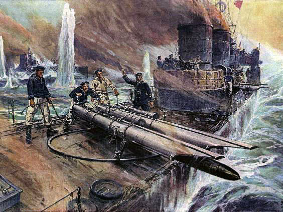 German Torpedo Boat SMS V44 in action at the Battle of Jutland on 31st May 1916 as part of the German 6th Flotilla: picture by Willy Stoewer. SMS V44 has been discovered beached in Portsmouth harbour