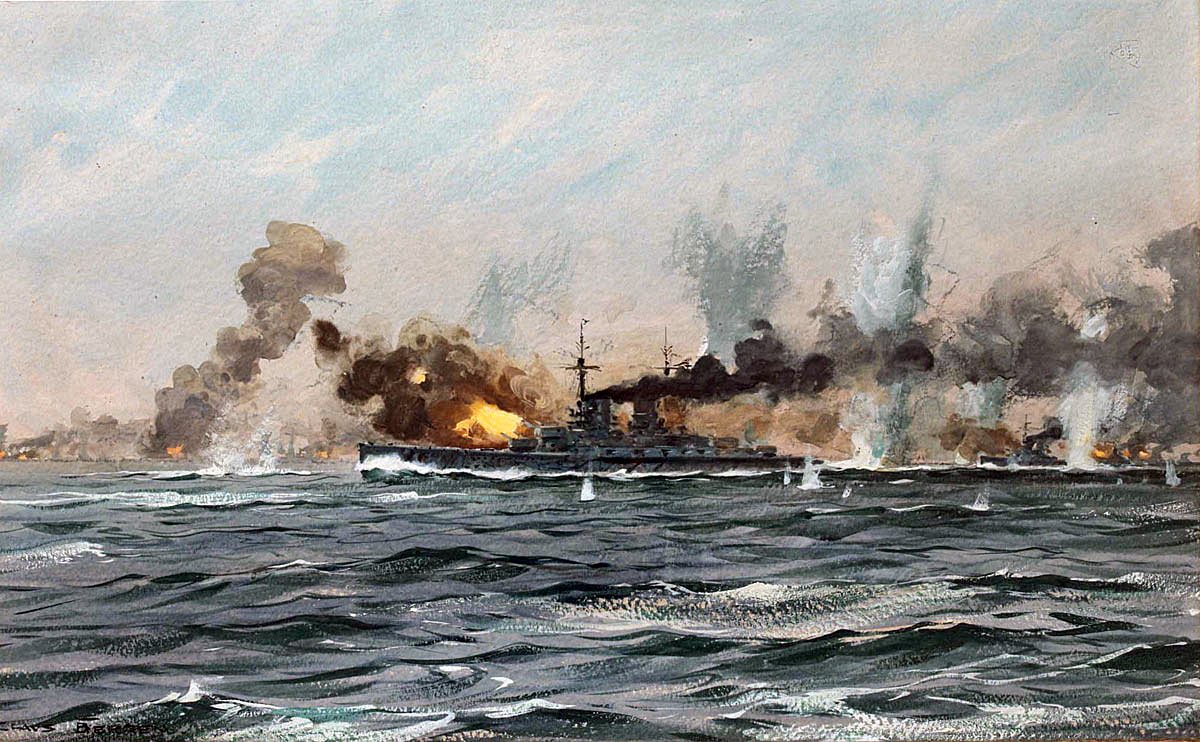 German Battleships open fire in the early stages of the Battle of Jutland 31st May 1916: picture by Claus Bergen