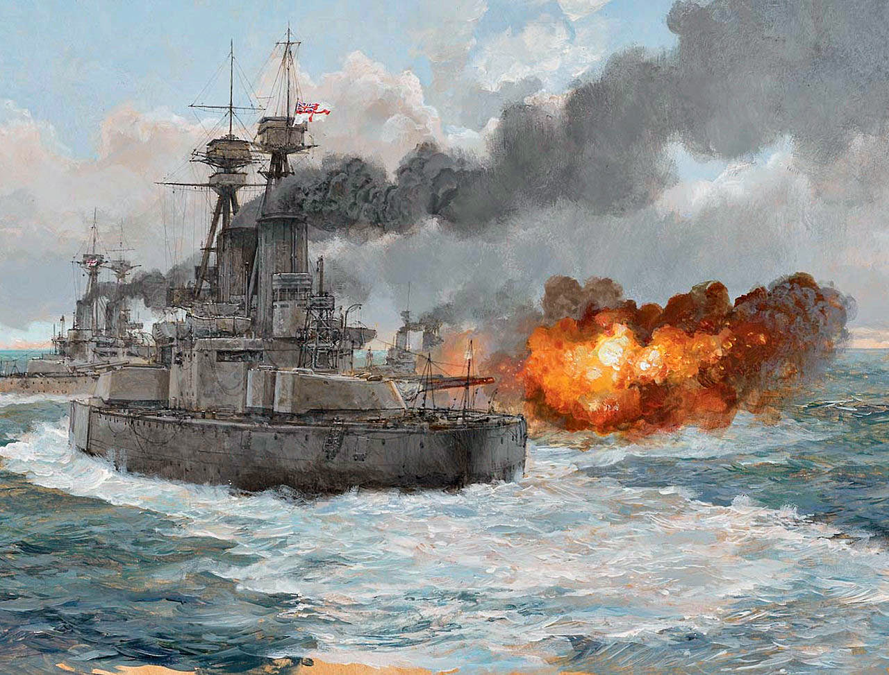 British Battleship HMS Bellerophon in action at the Battle of Jutland on 31st May 1916