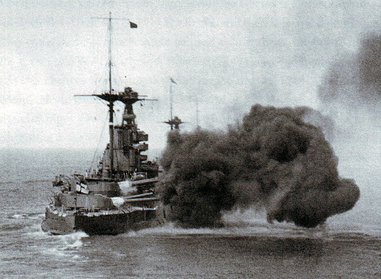 HMS Malaya of the 5th Battle Squadron in action at the Battle of Jutland on 31st May 1916