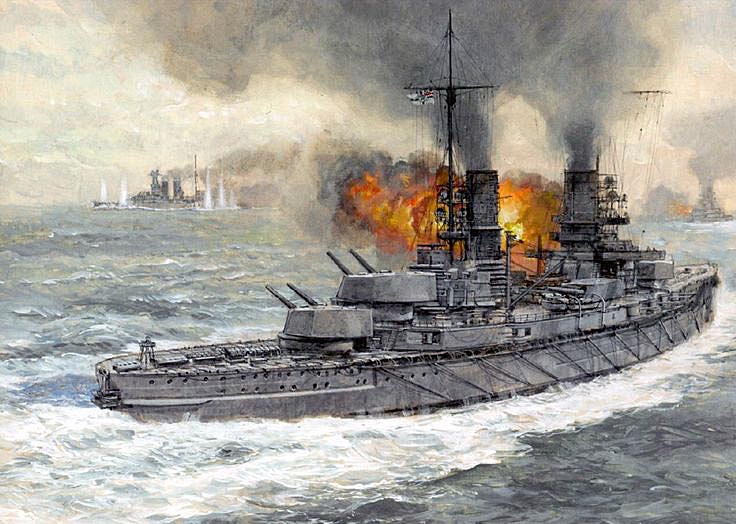 German Battleship SMS Kaiser fires on HMS Warspite before 5th Battle Squadron turns to the north during the opening phase of the Battle of Jutland on 31st May 1916