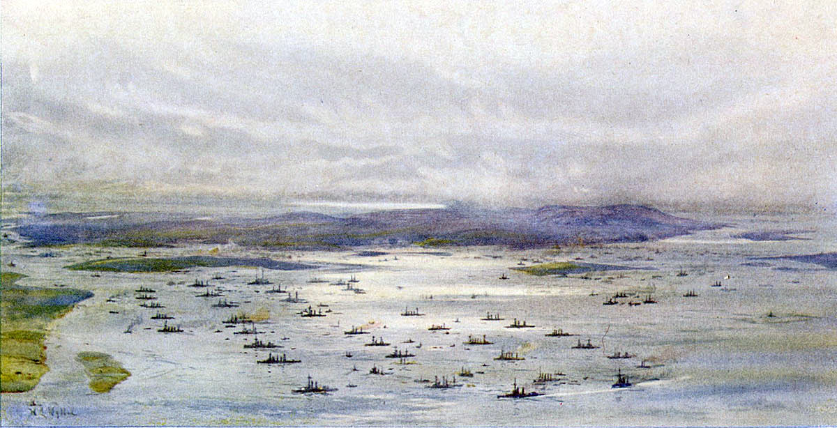 Royal Navy’s Grand Fleet at Scapa Flow in 1916: picture by Lionel Wyllie