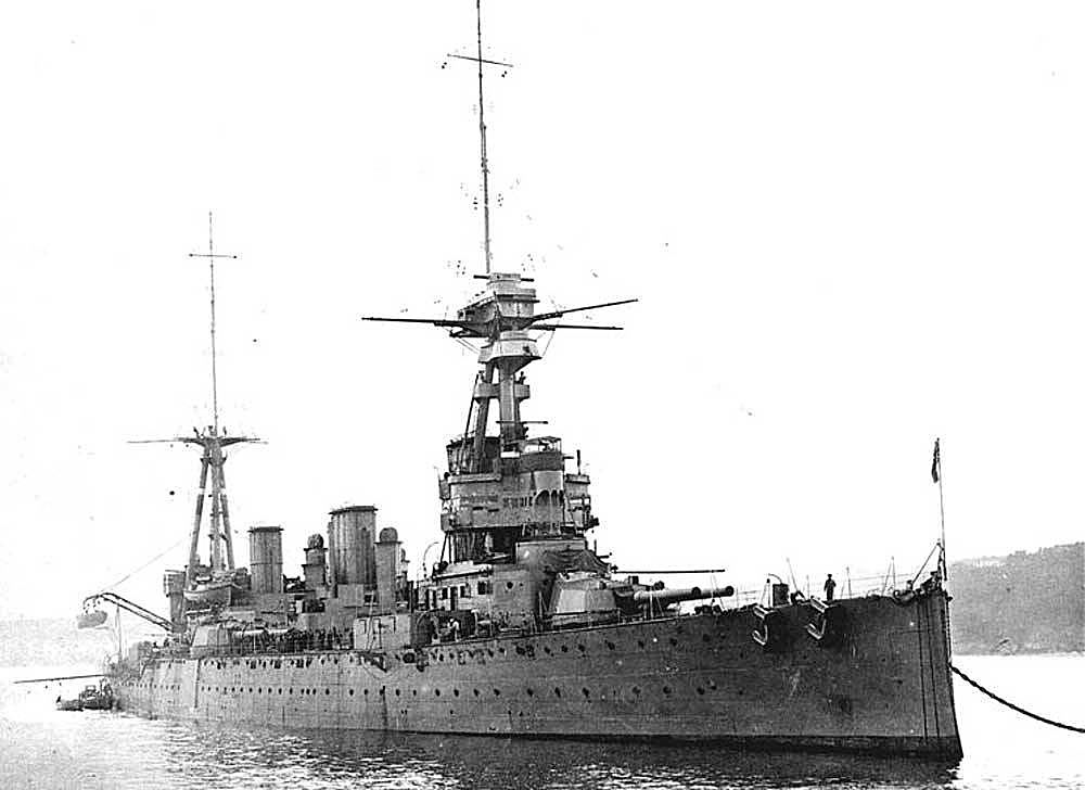 British Battle Cruiser HMS Indefatigable. Indefatigable fought at the Battle of Jutland on 31st May 1916 in Rear Admiral W. C. Pakenham 2nd Battle Cruiser Squadron. Indefatigable blew up and sank early in the battle