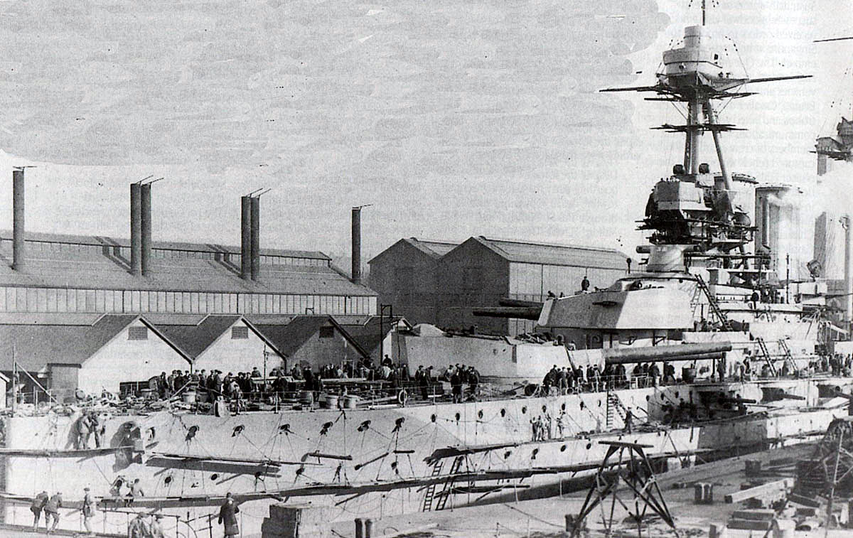 British Queen Elizabeth Class Battleship HMS Warspite under construction in Plymouth in October 1914. Warspite fought at the Battle of Jutland on 31st May 1916 in Rear Admiral H. Evan Thomas’s 5th Battle Squadron