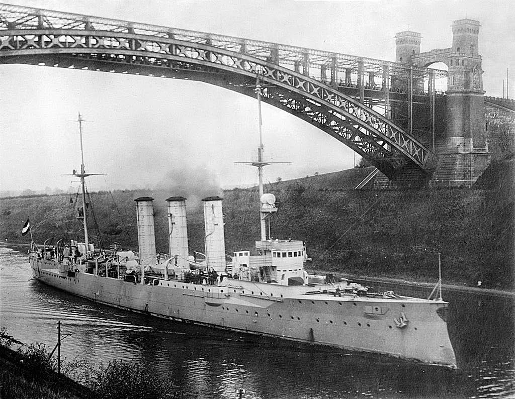 Kiel Canal, a German light cruiser SMS Dresden passing through before the First World War. Dresden fought at Coronel and the Falkland Islands being finally cornered and scuttled in 1915