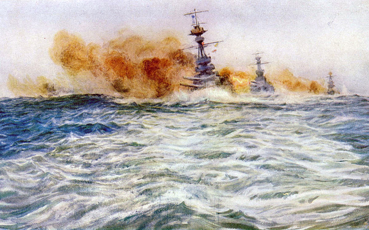 British Battleships at target practice in 1916: picture by Lionel Wyllie