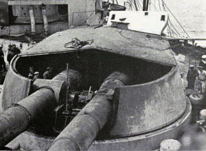 Damage to Q Turret on British Battle Cruiser HMS Lion which led to the deaths of around 50 of her crew and nearly destroyed the ship at the Battle of Jutland 31st May 1916
