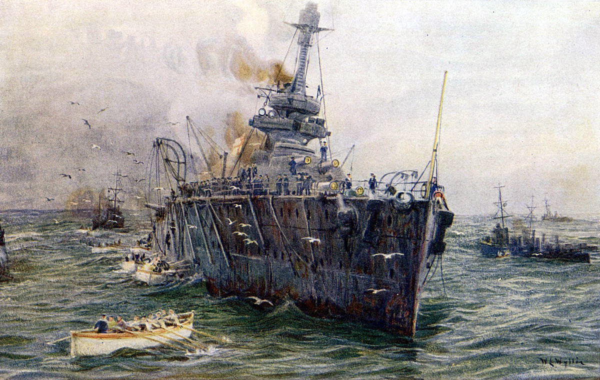 British Battleship HMS Audacious sinking after striking German mines in October 1914: picture by Lionel Wyllie