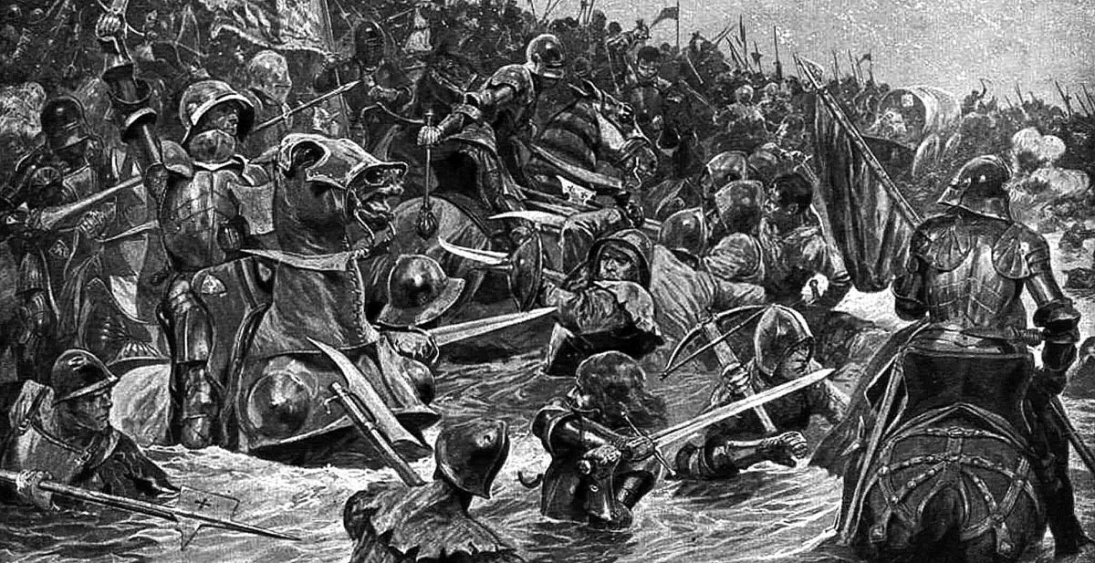 The struggle in the Cock Beck at the Battle of Towton fought on 29th March 1461 in the Wars of the Roses: picture by Richard Caton Woodville