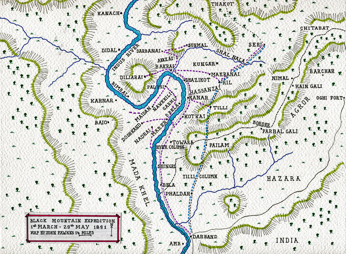 Map of the Black Mountain Expedition, 1st March 1891 to 29th May 1891 on the North-West Frontier in India: map by John Fawkes