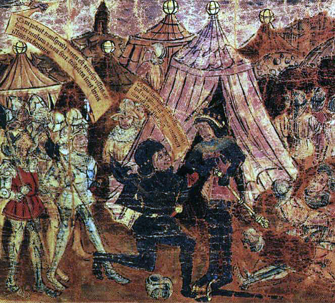 Earl of Warwick kneels to King Henry VI after the King's capture by the Yorkists at the Battle of Northampton on 10th July 1460 in the Wars of the Roses